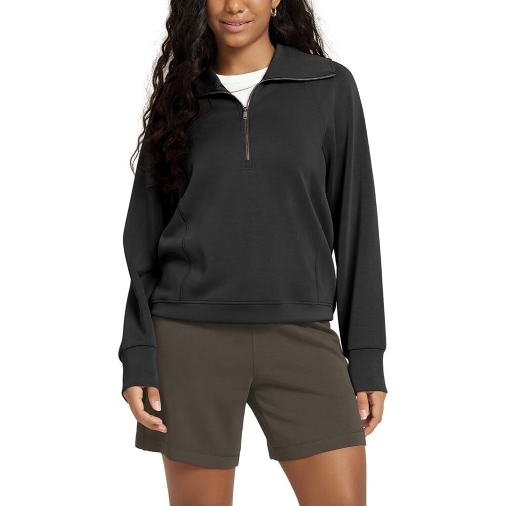 Women's Black Modal Soft Half-Zip Sweatshirts for Long Sleeve Relaxed Fit